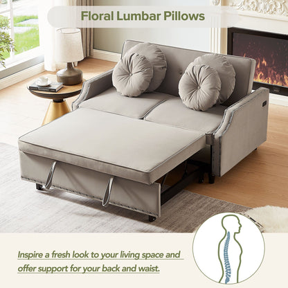 Coffee 54.7 Polyester Loveseat Adjustable Sofa Bed with Two USB Ports and Four Floral Lumbar Pillows