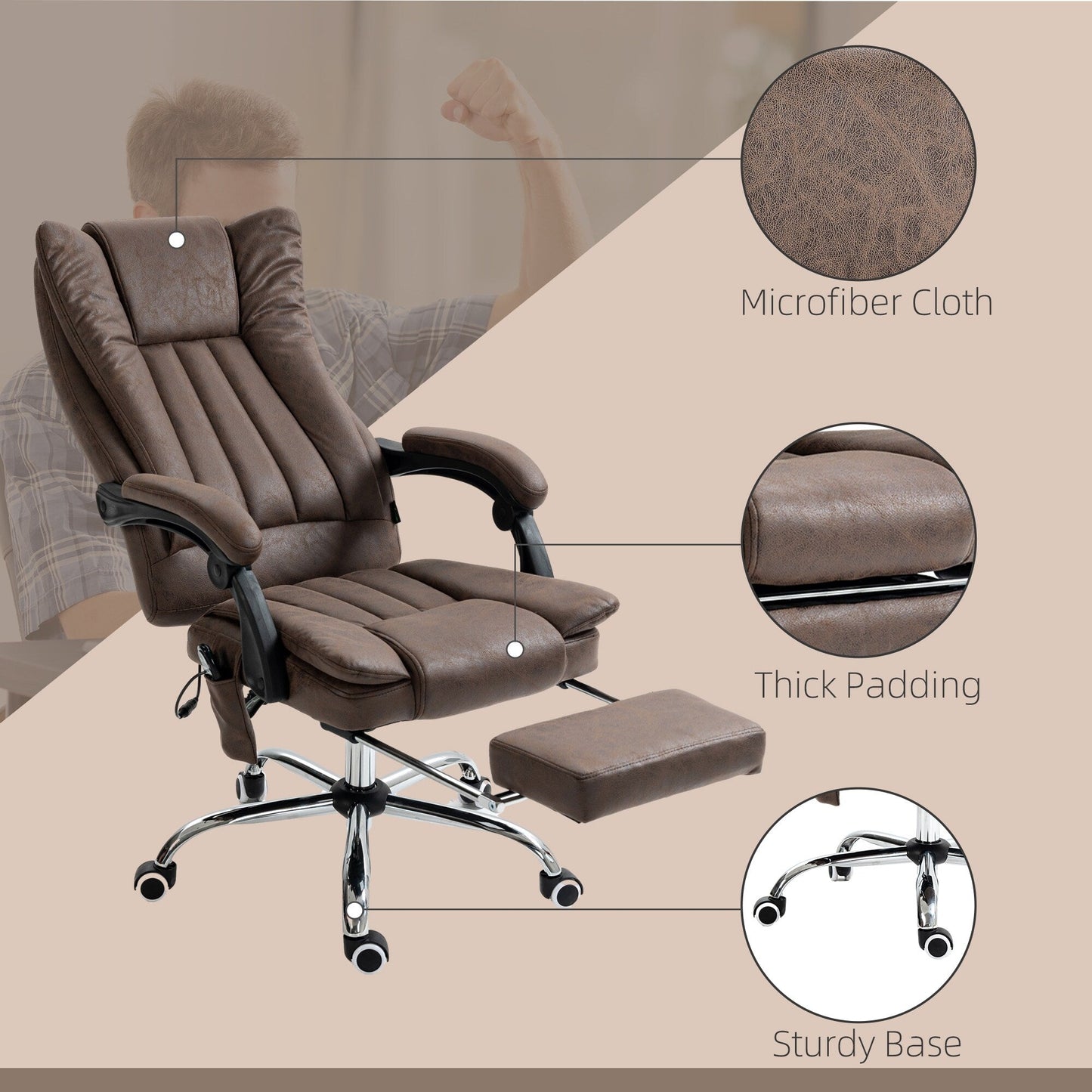 Coffee Microfiber Massage Office Chair with Adjustable Height, High Back, Retractable Footrest, and Heating Function