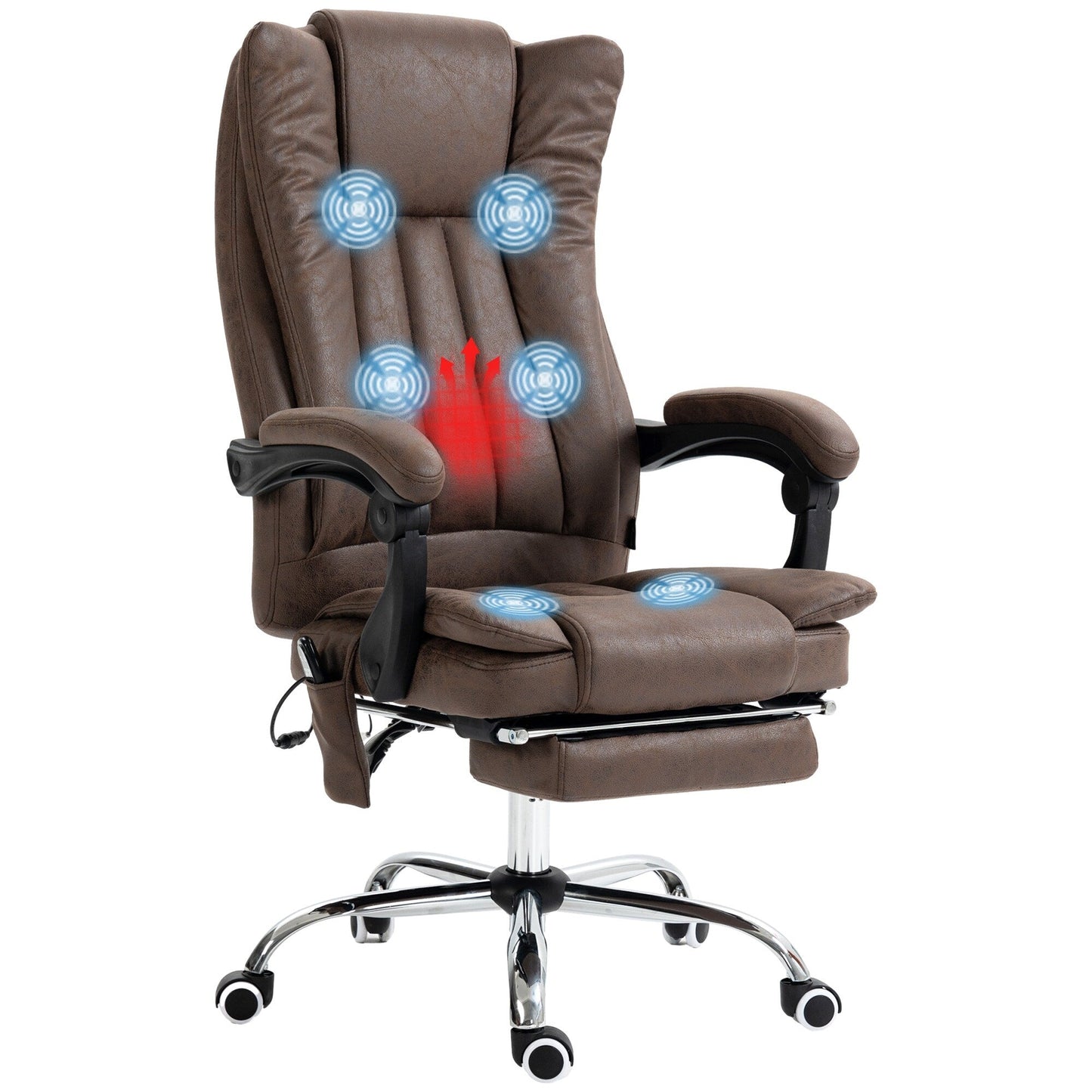 Coffee Microfiber Massage Office Chair with Adjustable Height, High Back, Retractable Footrest, and Heating Function
