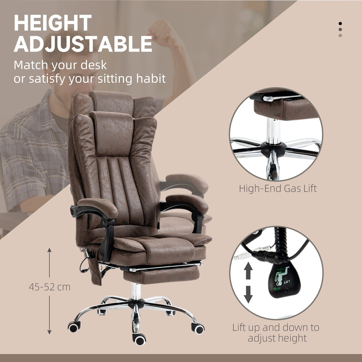 Coffee Microfiber Massage Office Chair with Adjustable Height, High Back, Retractable Footrest, and Heating Function