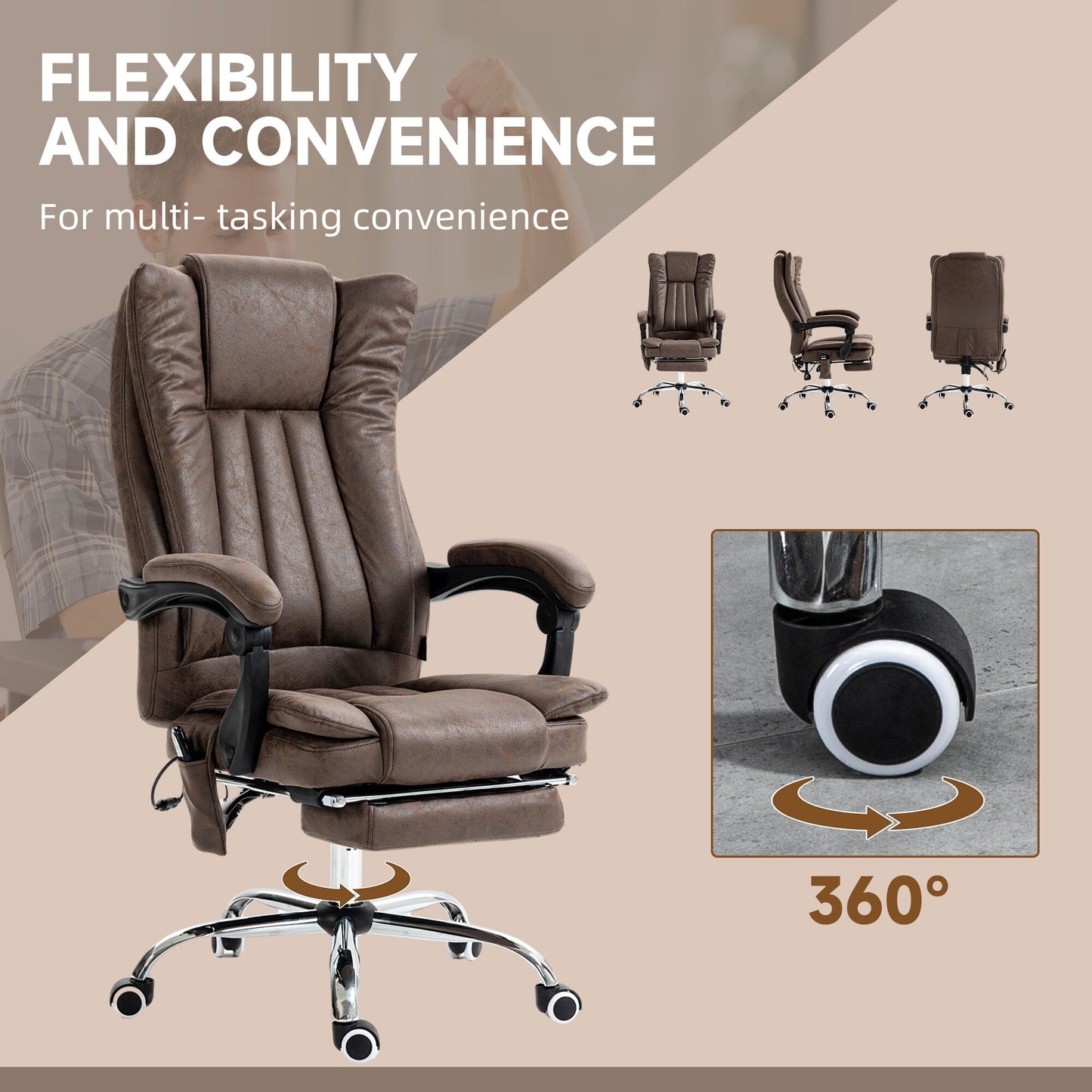 Coffee Microfiber Massage Office Chair with Adjustable Height, High Back, Retractable Footrest, and Heating Function