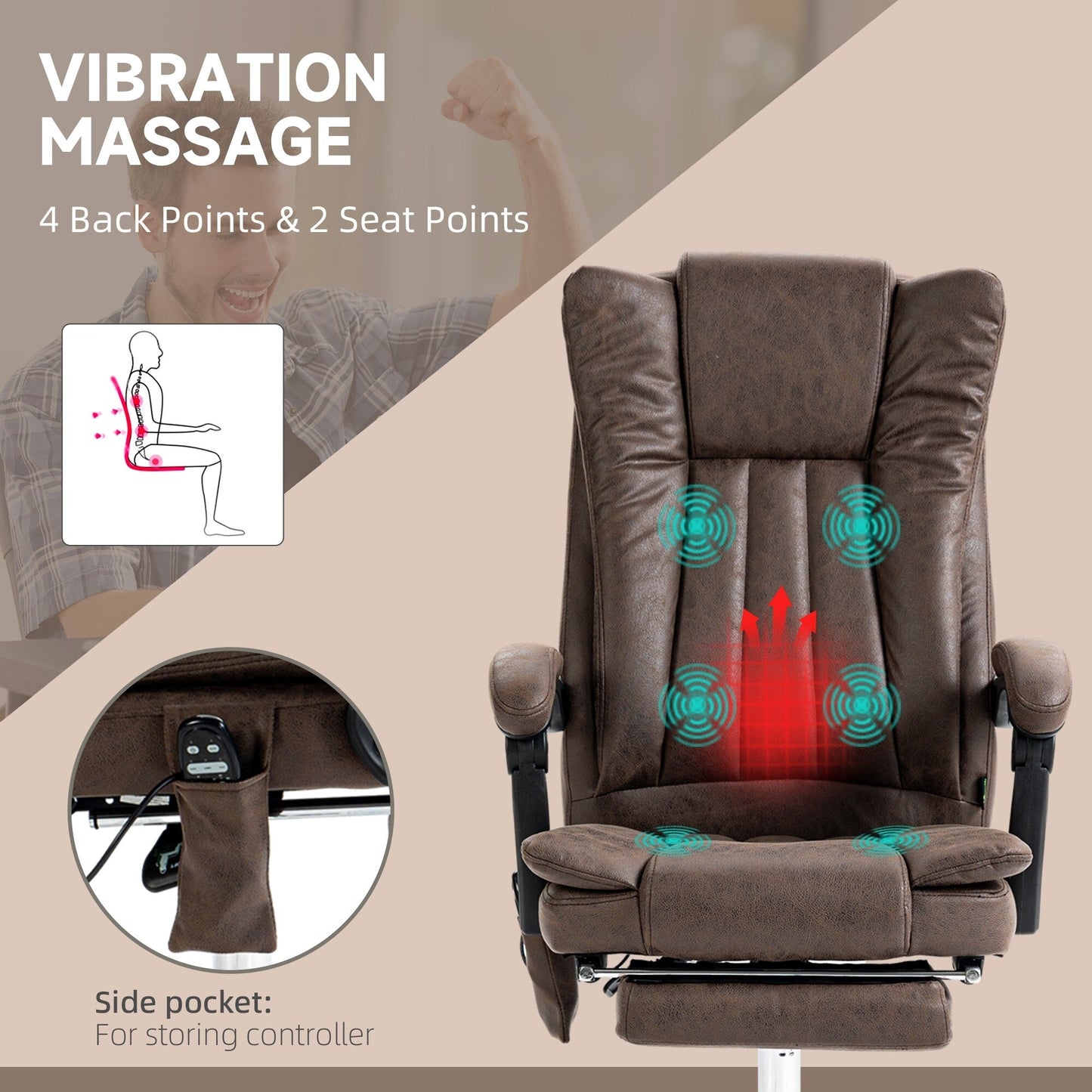 Coffee Microfiber Massage Office Chair with Adjustable Height, High Back, Retractable Footrest, and Heating Function