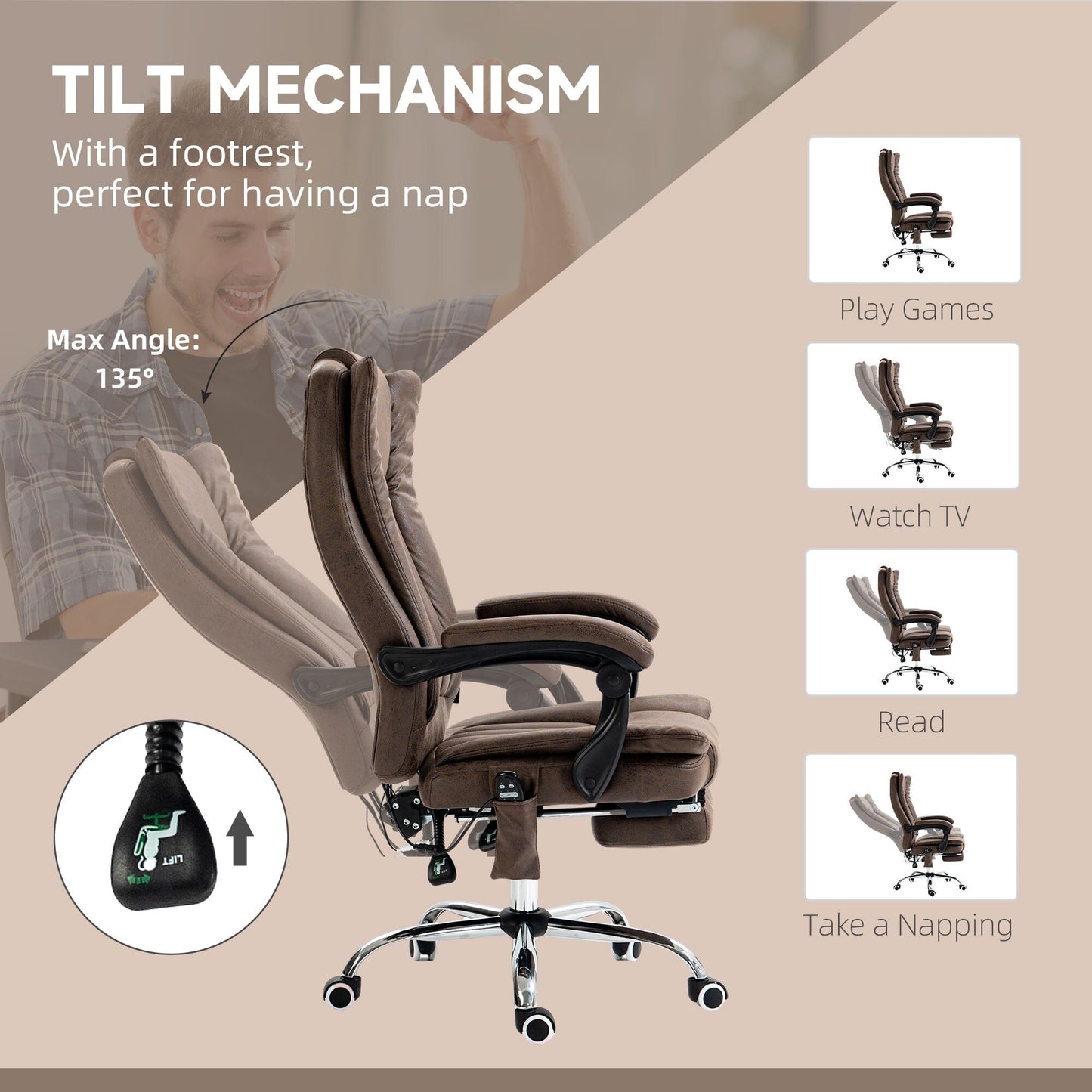 Coffee Microfiber Massage Office Chair with Adjustable Height, High Back, Retractable Footrest, and Heating Function
