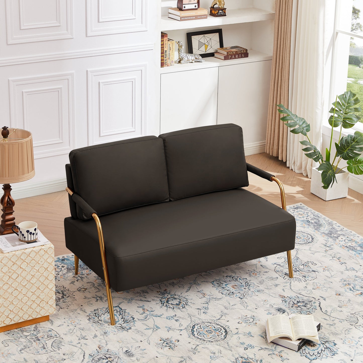 Coffee Modern 49.6 Pet Friendly Fabric Loveseat Sofa with Removable Back Cushion and Metal Leg for Living Room