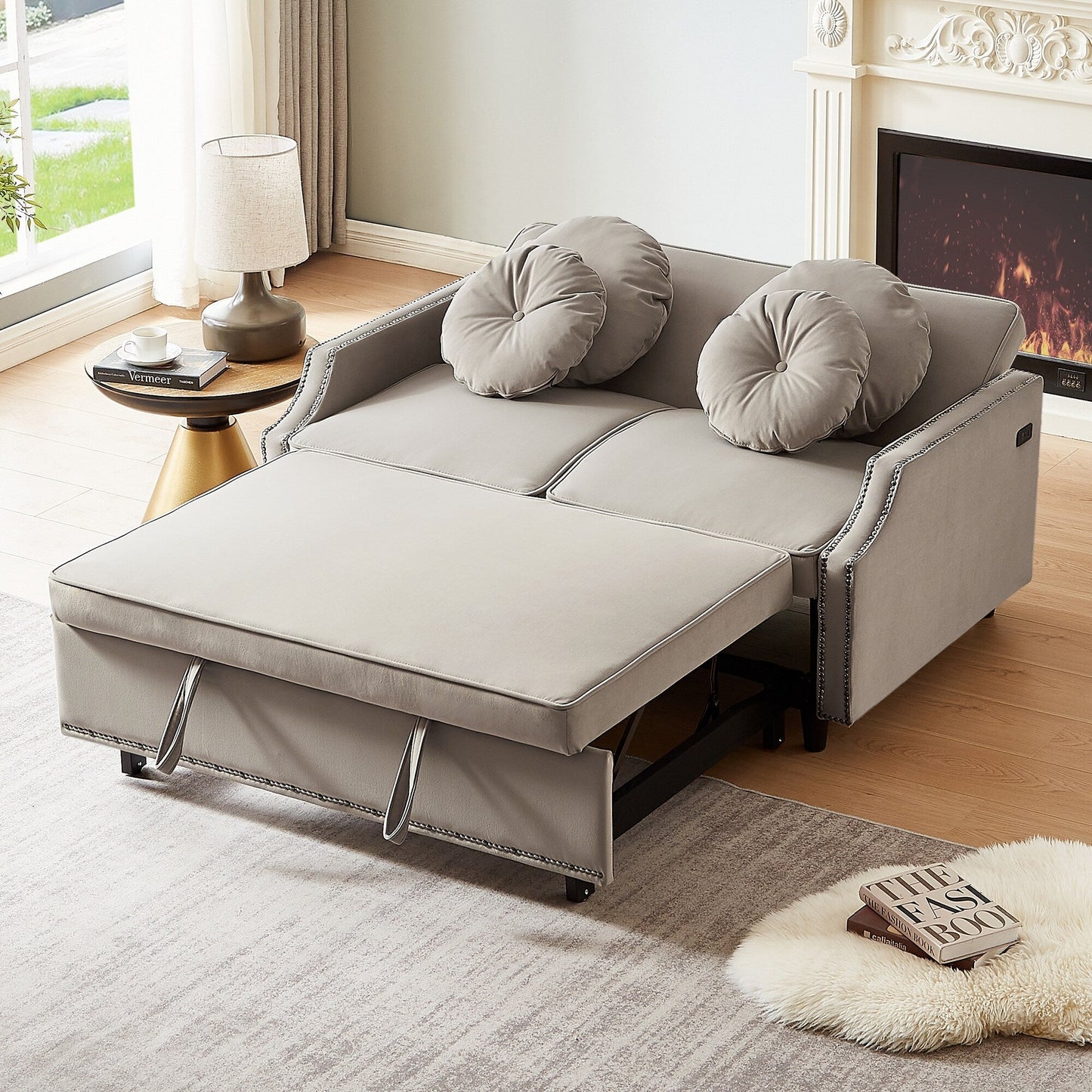 Coffee Polyester Loveseat Adjustable Sofa Bed with USB Ports