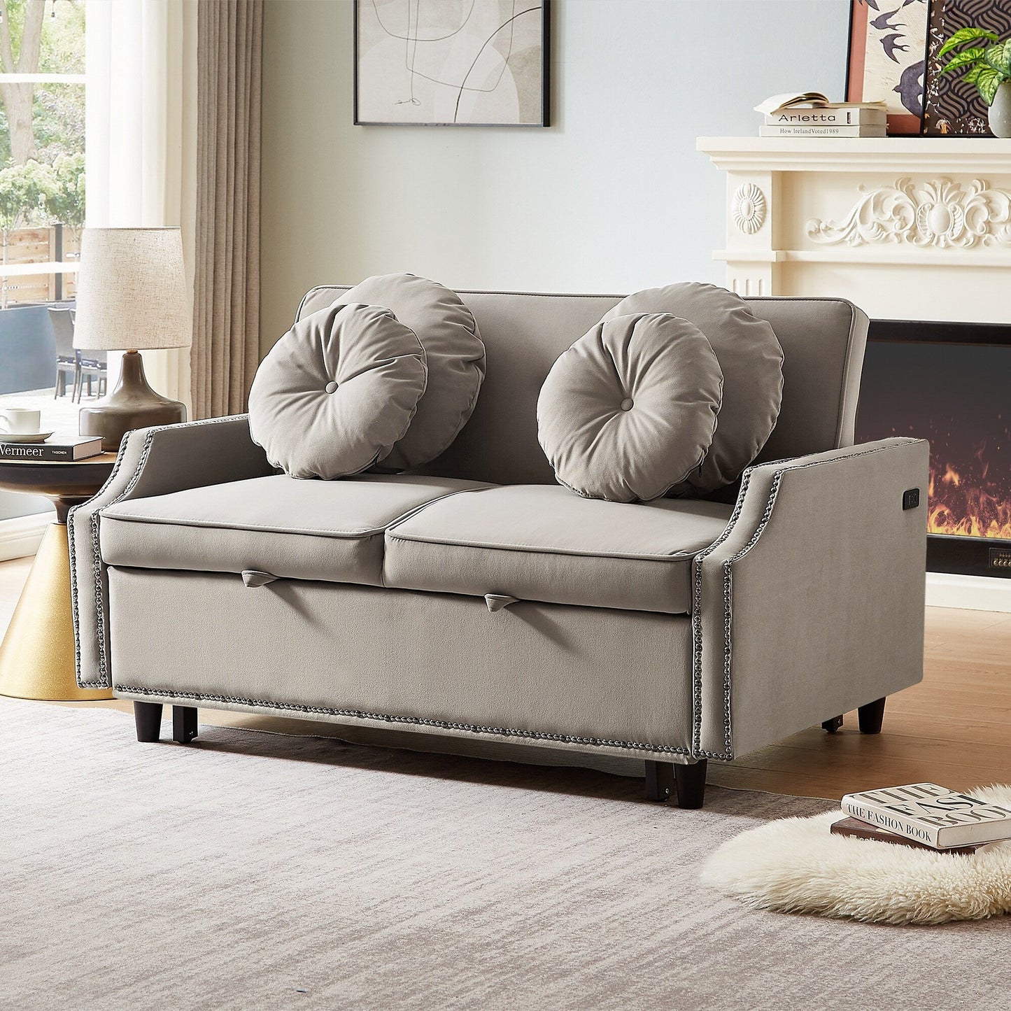 Coffee Polyester Loveseat Adjustable Sofa Bed with USB Ports