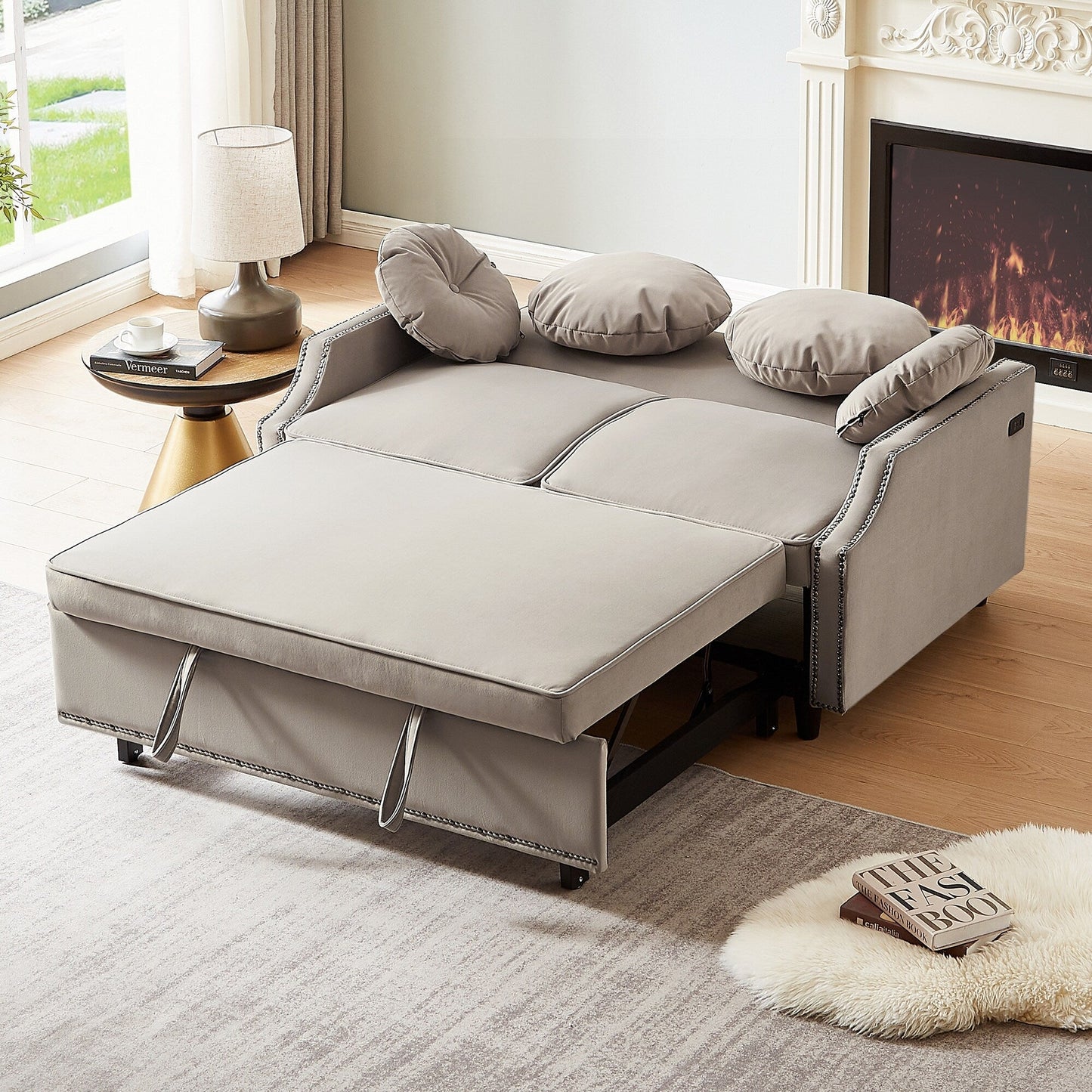 Coffee Polyester Loveseat Adjustable Sofa Bed with USB Ports