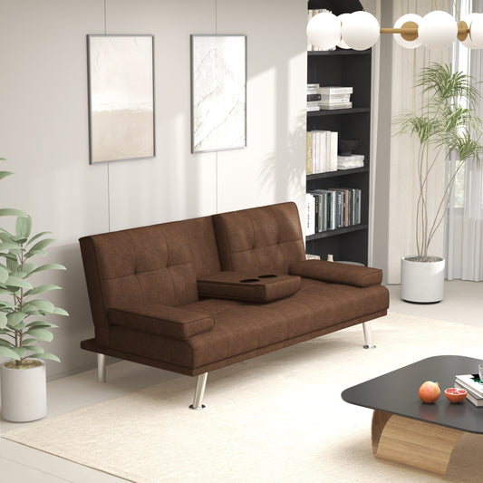Coffee Upholstered 66 Loveseat Sofa Bed with 2 Cup Holders and Stainless Legs for Living Room