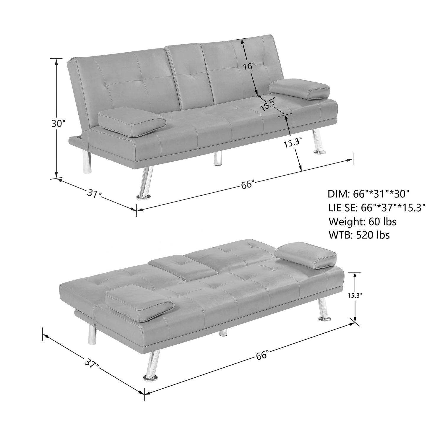Coffee Upholstered 66 Loveseat Sofa Bed with 2 Cup Holders and Stainless Legs for Living Room