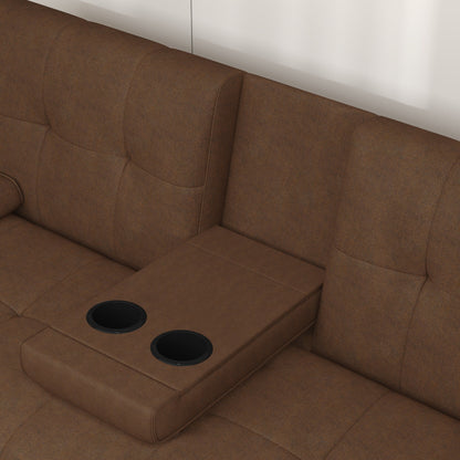 Coffee Upholstered Loveseat Sofa Bed with Cup Holders