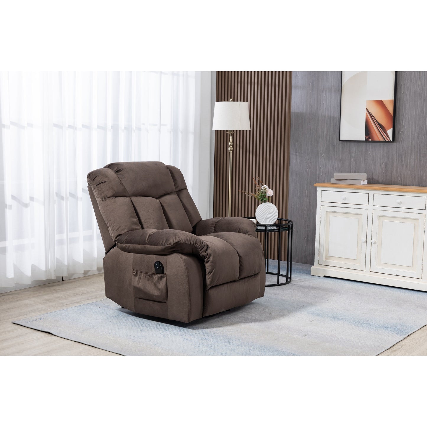 Coffee Velvet Power Lift Recliner with Remote Control and Side Pockets