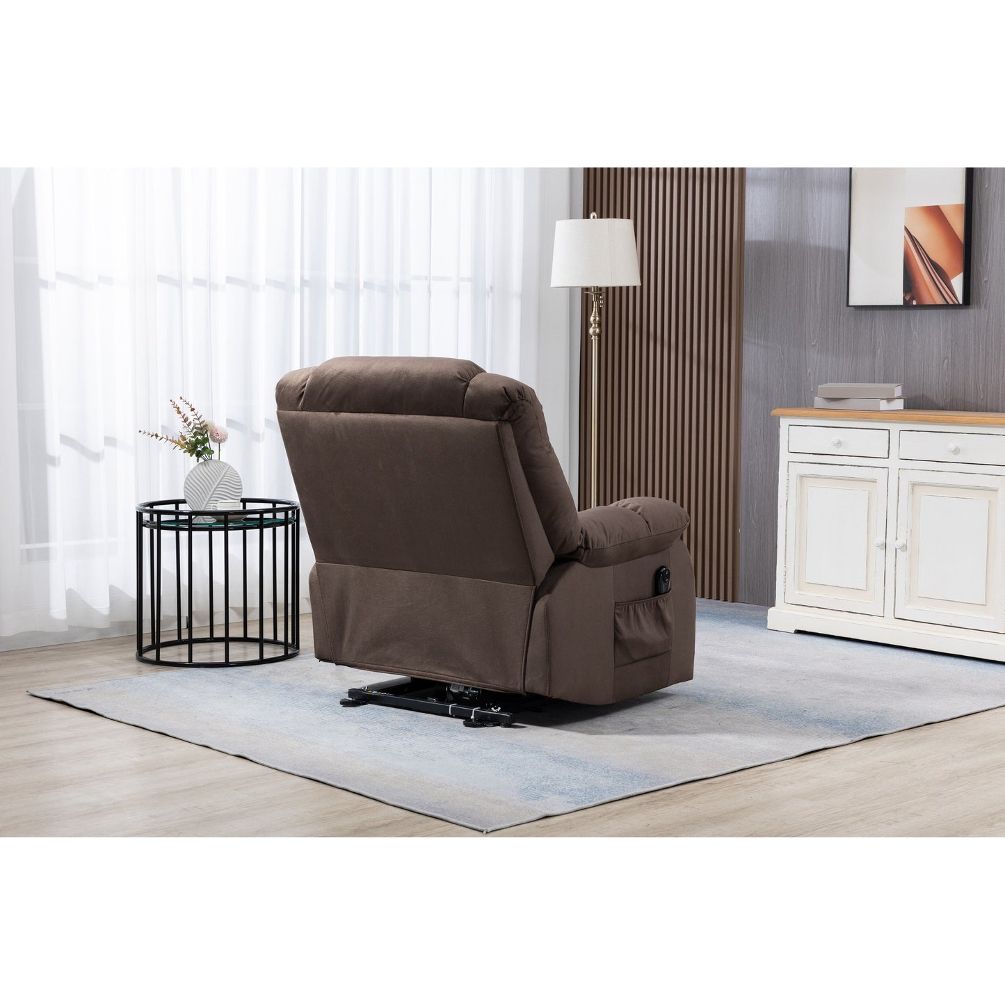 Coffee Velvet Power Lift Recliner with Remote Control and Side Pockets