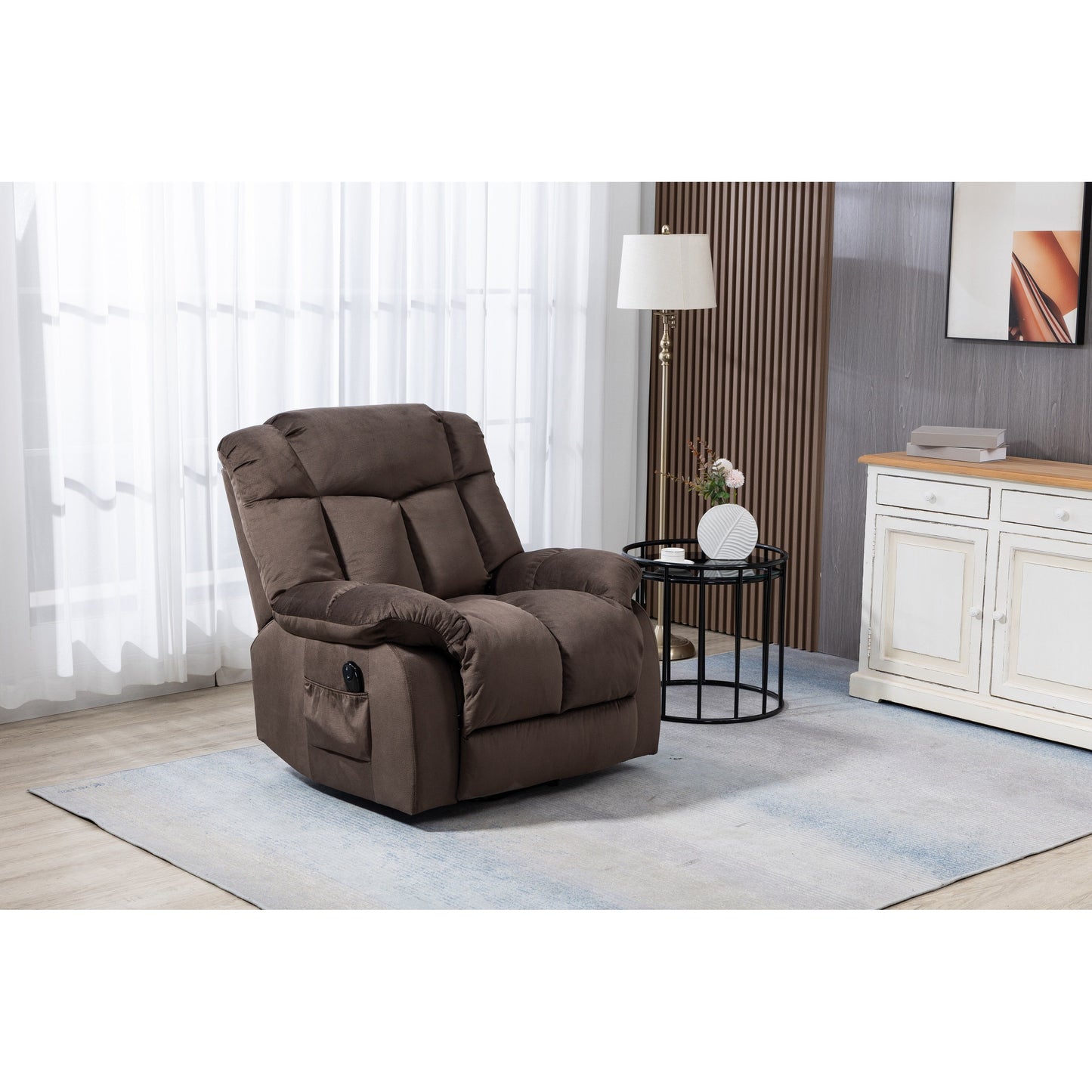 Coffee Velvet Power Lift Recliner with Remote Control and Side Pockets