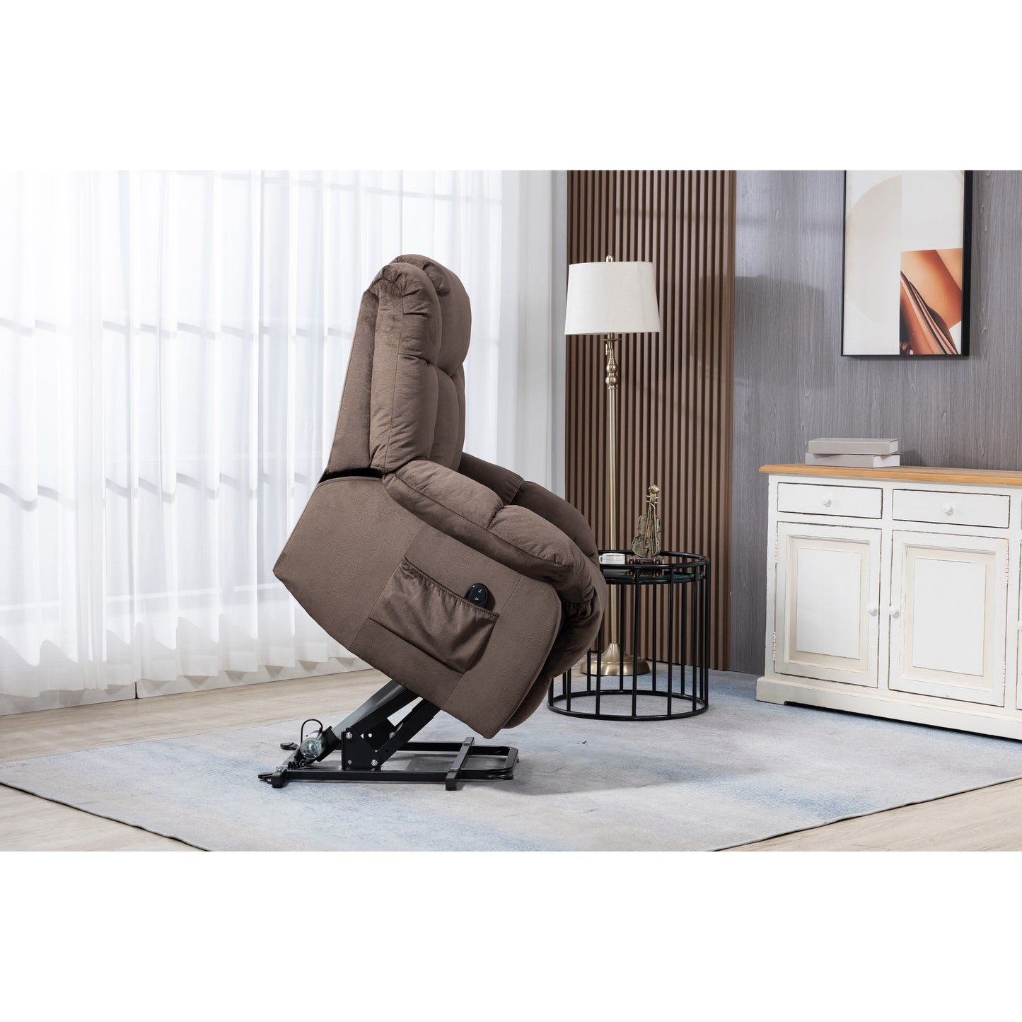 Coffee Velvet Power Lift Recliner with Remote Control and Side Pockets