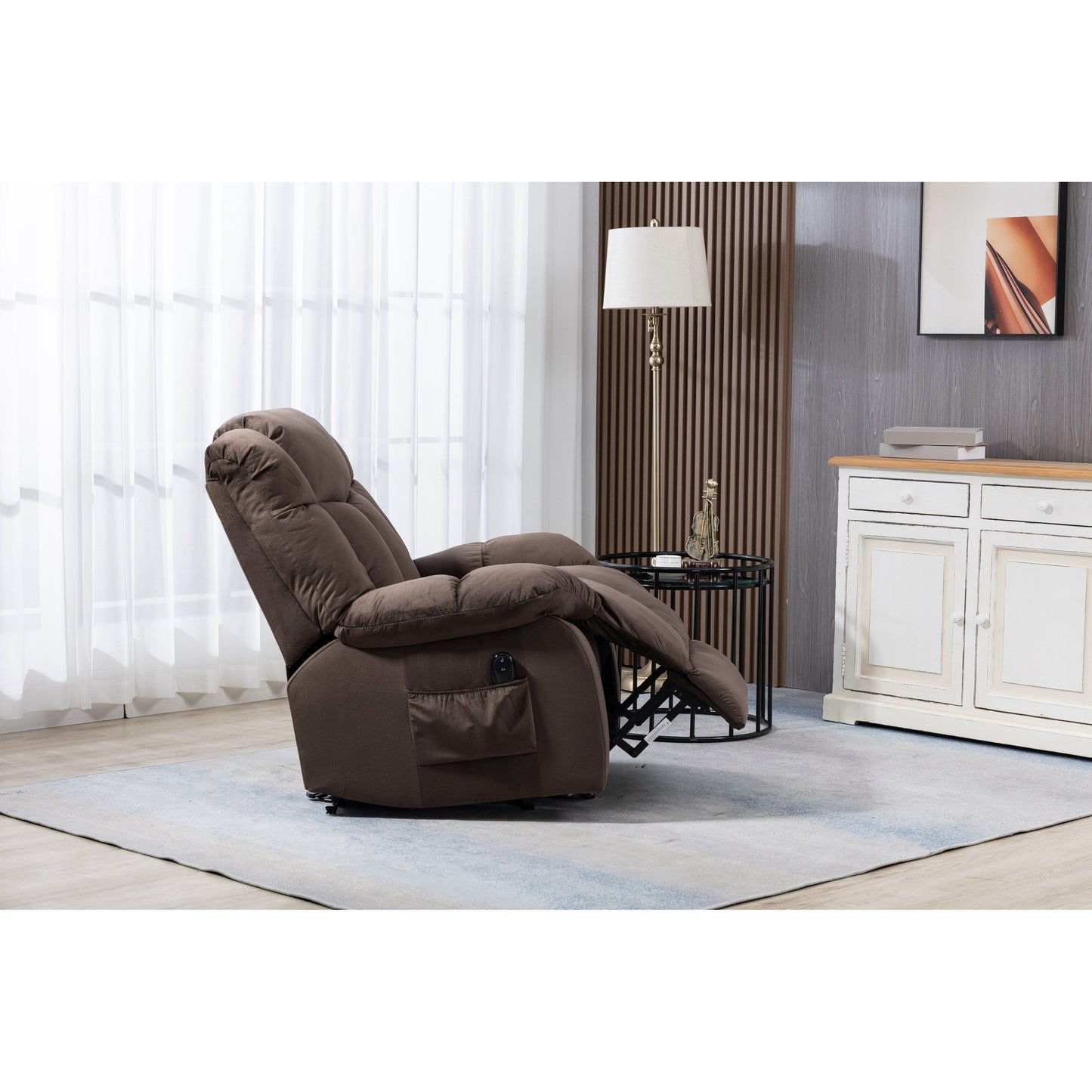Coffee Velvet Power Lift Recliner with Remote Control and Side Pockets