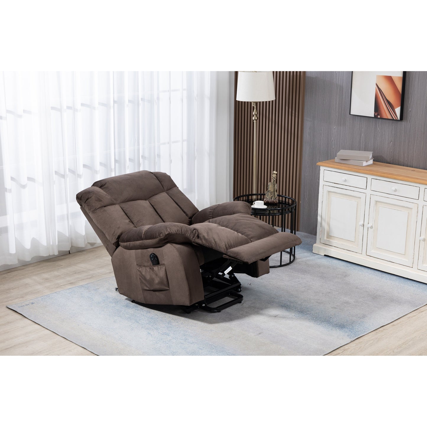Coffee Velvet Power Lift Recliner with Remote Control and Side Pockets