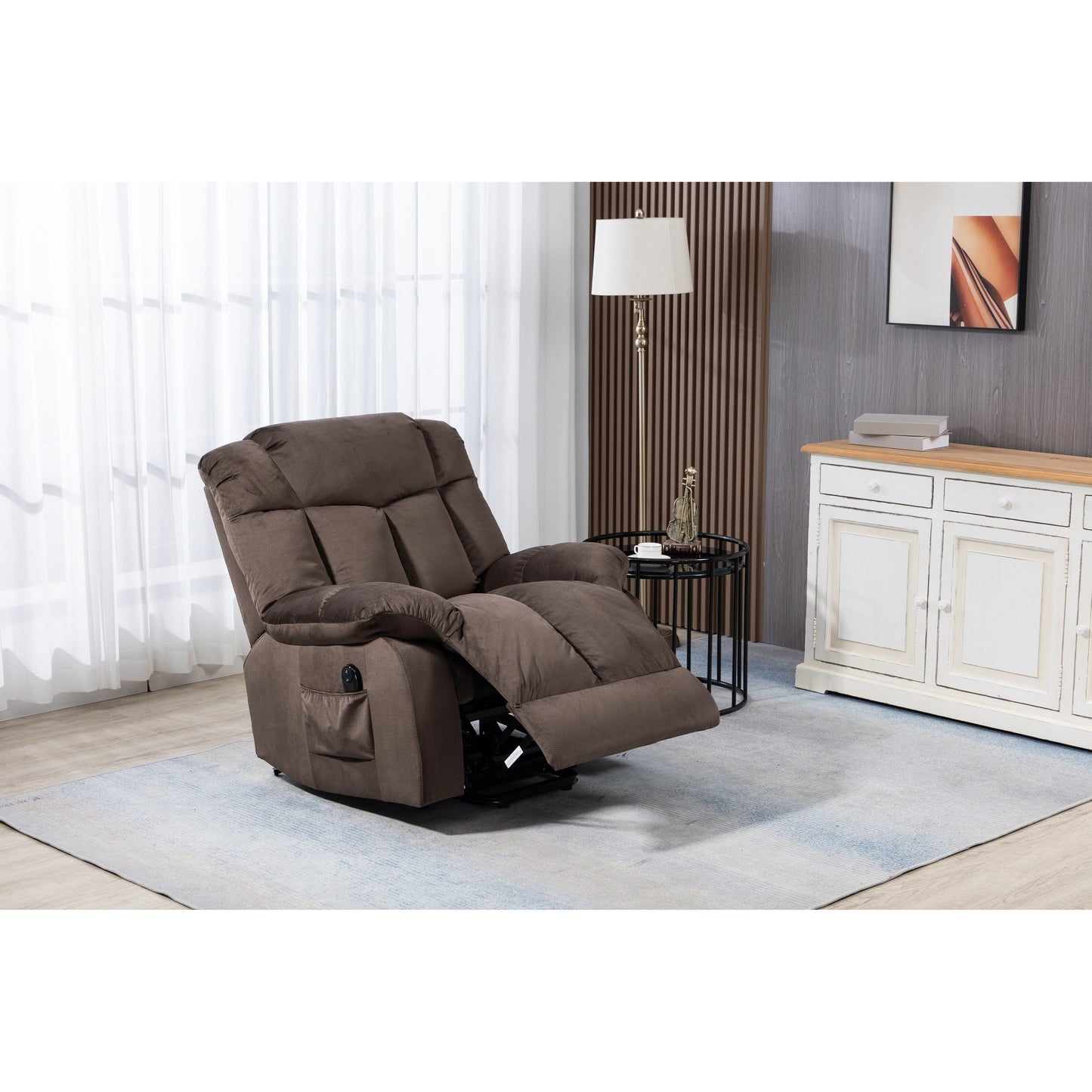 Coffee Velvet Power Lift Recliner with Remote Control and Side Pockets