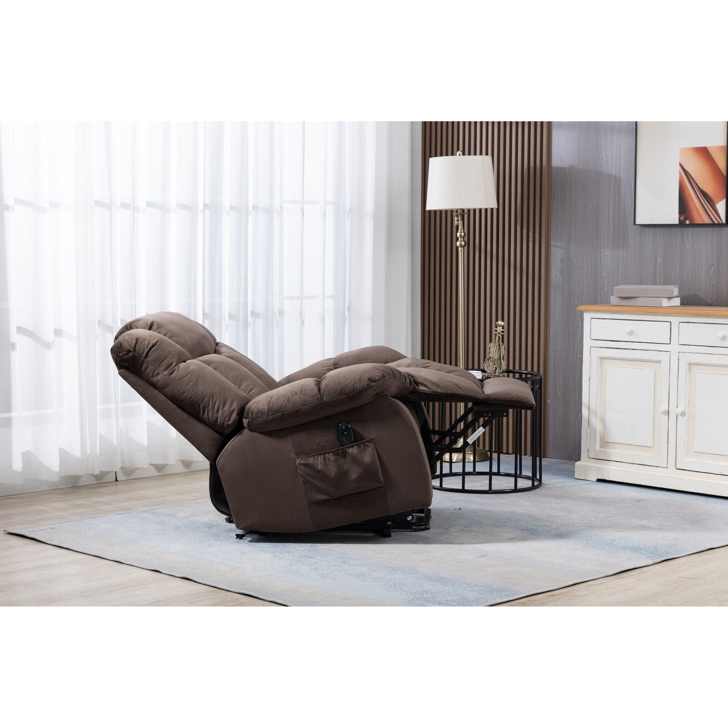 Coffee Velvet Power Lift Recliner with Remote Control and Side Pockets