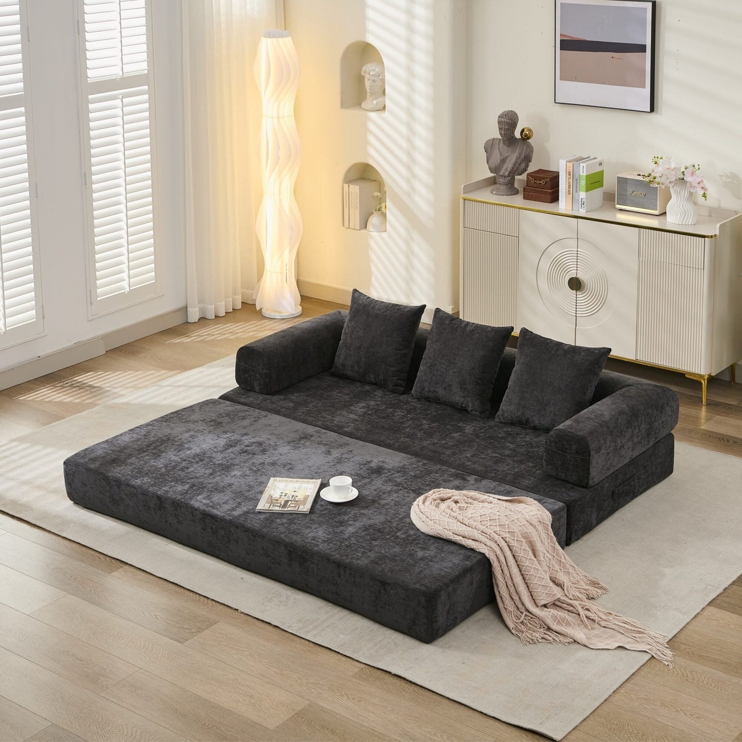 Comfy Convertible Folding Mattress Couch, Floor Sofa Bed, Chenille Floor Sofa with Armrest, Floor Sofa Lounge Couch