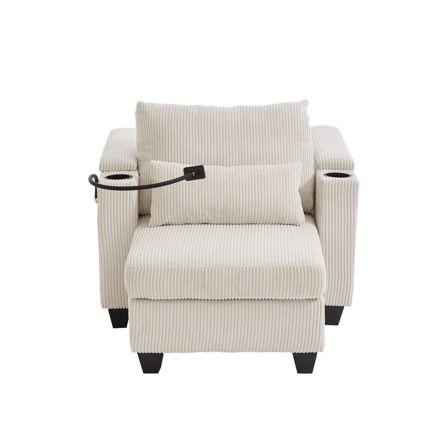 Convertible Chaise Lounge 37.4 Sofa Chair Sofa Bed Corduroy Sleeper Sofa with USB Ports, Two Cup Holders