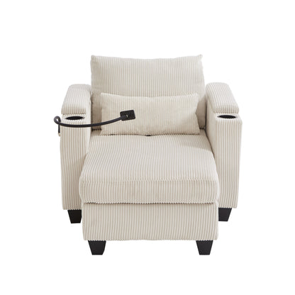Convertible Chaise Lounge 37.4 Sofa Chair Sofa Bed Corduroy Sleeper Sofa with USB Ports, Two Cup Holders