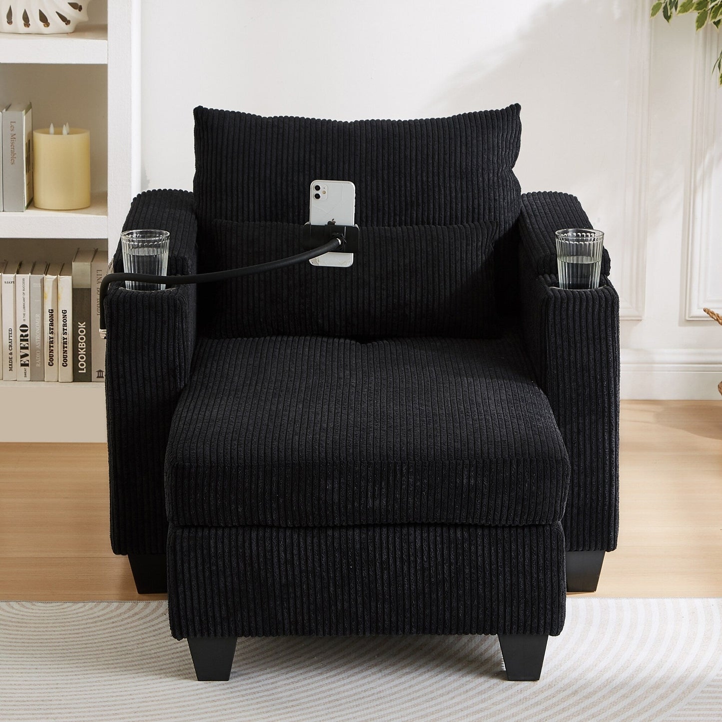 Convertible Chaise Lounge 37.4 Sofa Chair Sofa Bed Corduroy Sleeper Sofa with USB Ports, Two Cup Holders