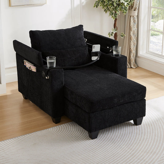 Convertible Chaise Lounge 37.4 Sofa Chair Sofa Bed Corduroy Sleeper Sofa with USB Ports, Two Cup Holders
