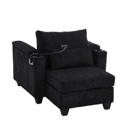 Convertible Chaise Lounge 37.4 Sofa Chair Sofa Bed Corduroy Sleeper Sofa with USB Ports, Two Cup Holders