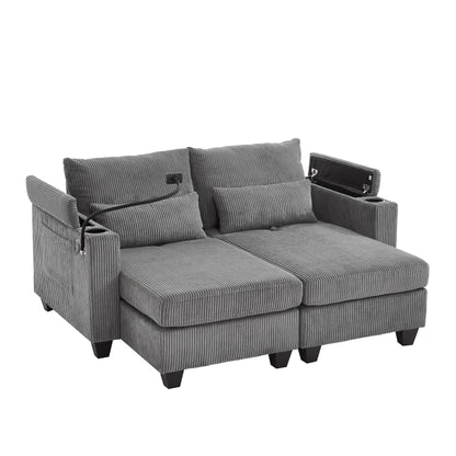 Convertible Chaise Lounge 63 Loveseat Sofa Sofa Bed Corduroy Sleeper Sofa with USB Ports, Two Cup Holders