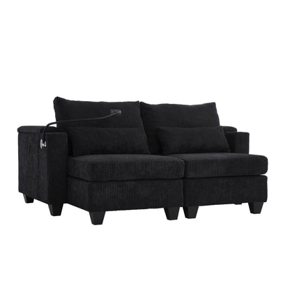 Convertible Chaise Lounge 63 Loveseat Sofa Sofa Bed Corduroy Sleeper Sofa with USB Ports, Two Cup Holders