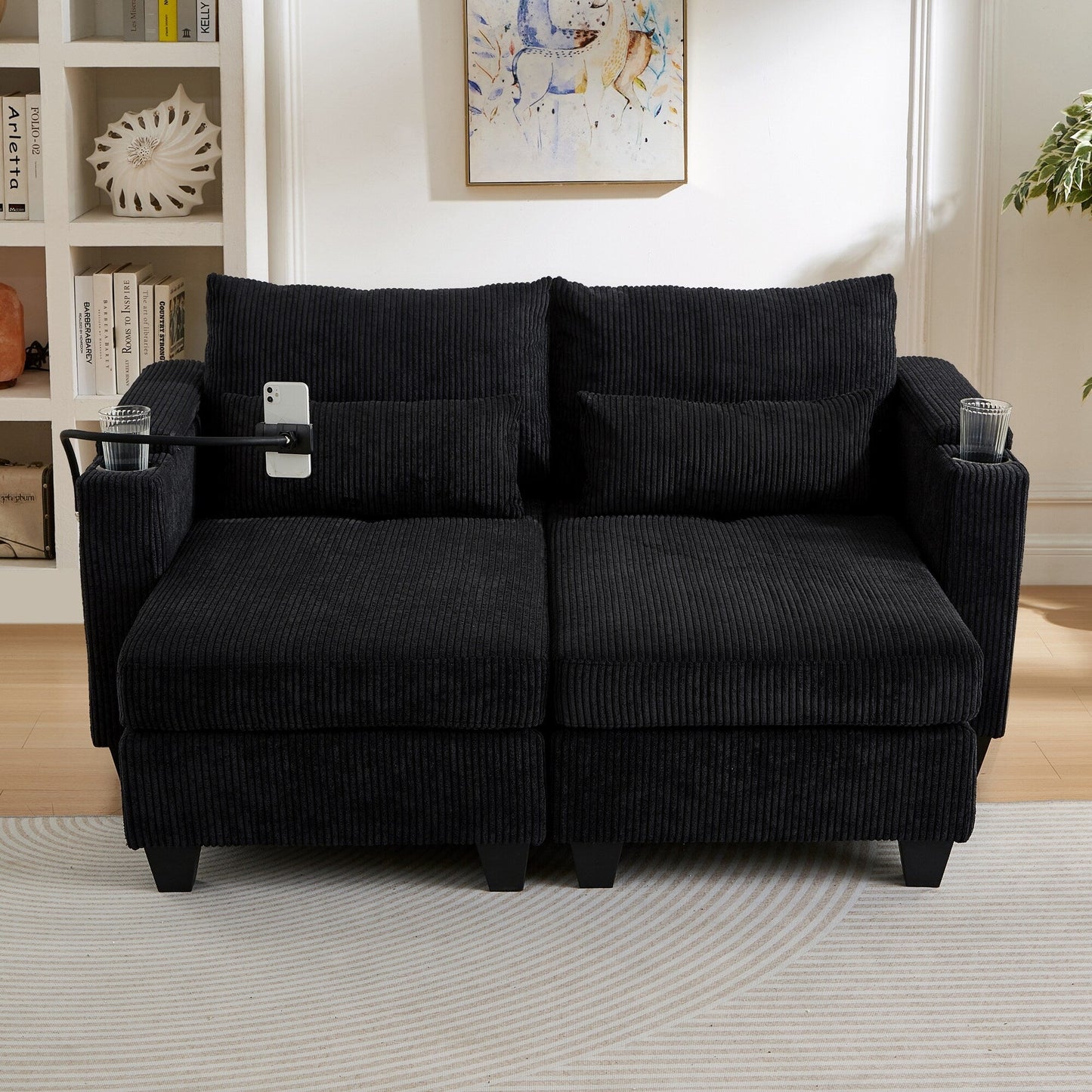 Convertible Chaise Lounge 63 Loveseat Sofa Sofa Bed Corduroy Sleeper Sofa with USB Ports, Two Cup Holders