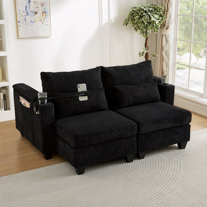 Convertible Chaise Lounge 63 Loveseat Sofa Sofa Bed Corduroy Sleeper Sofa with USB Ports, Two Cup Holders