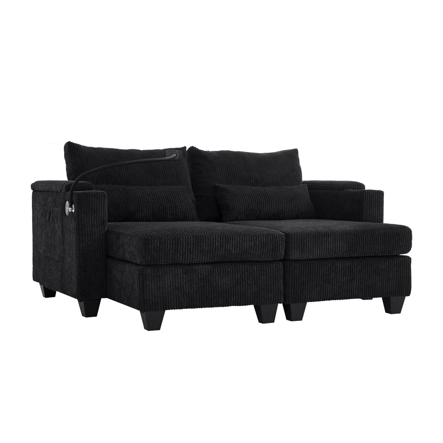 Convertible Chaise Lounge 63 Loveseat Sofa Sofa Bed Corduroy Sleeper Sofa with USB Ports, Two Cup Holders