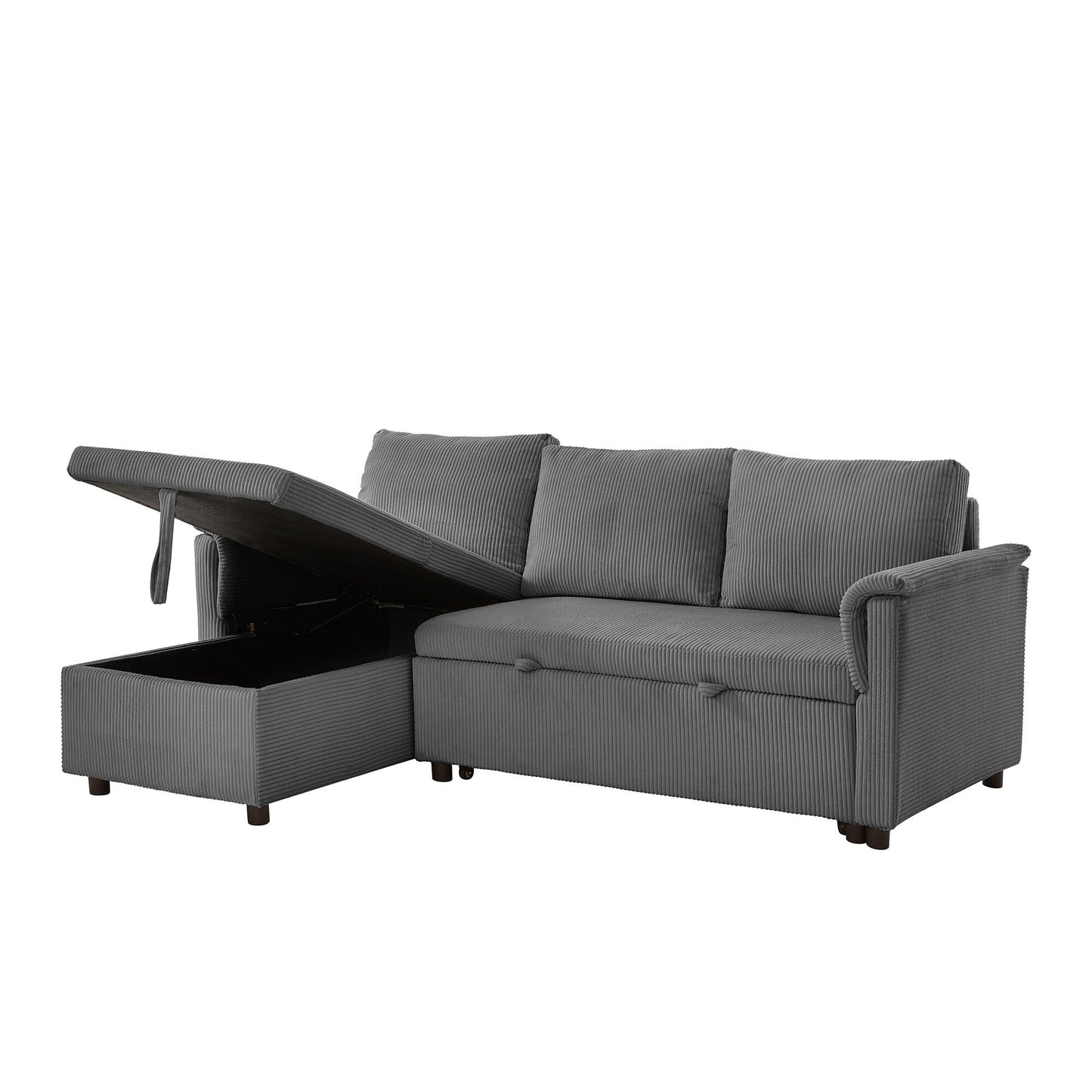 Convertible Corduroy Modular Loveseat Pull-Out Sleeper with Storage Chaise and Reclining Backrest for Living Room