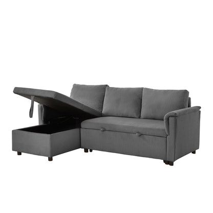 Convertible Corduroy Modular Loveseat Pull-Out Sleeper with Storage Chaise and Reclining Backrest for Living Room