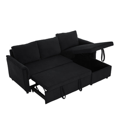 Convertible Corduroy Modular Loveseat Pull-Out Sleeper with Storage Chaise and Reclining Backrest for Living Room