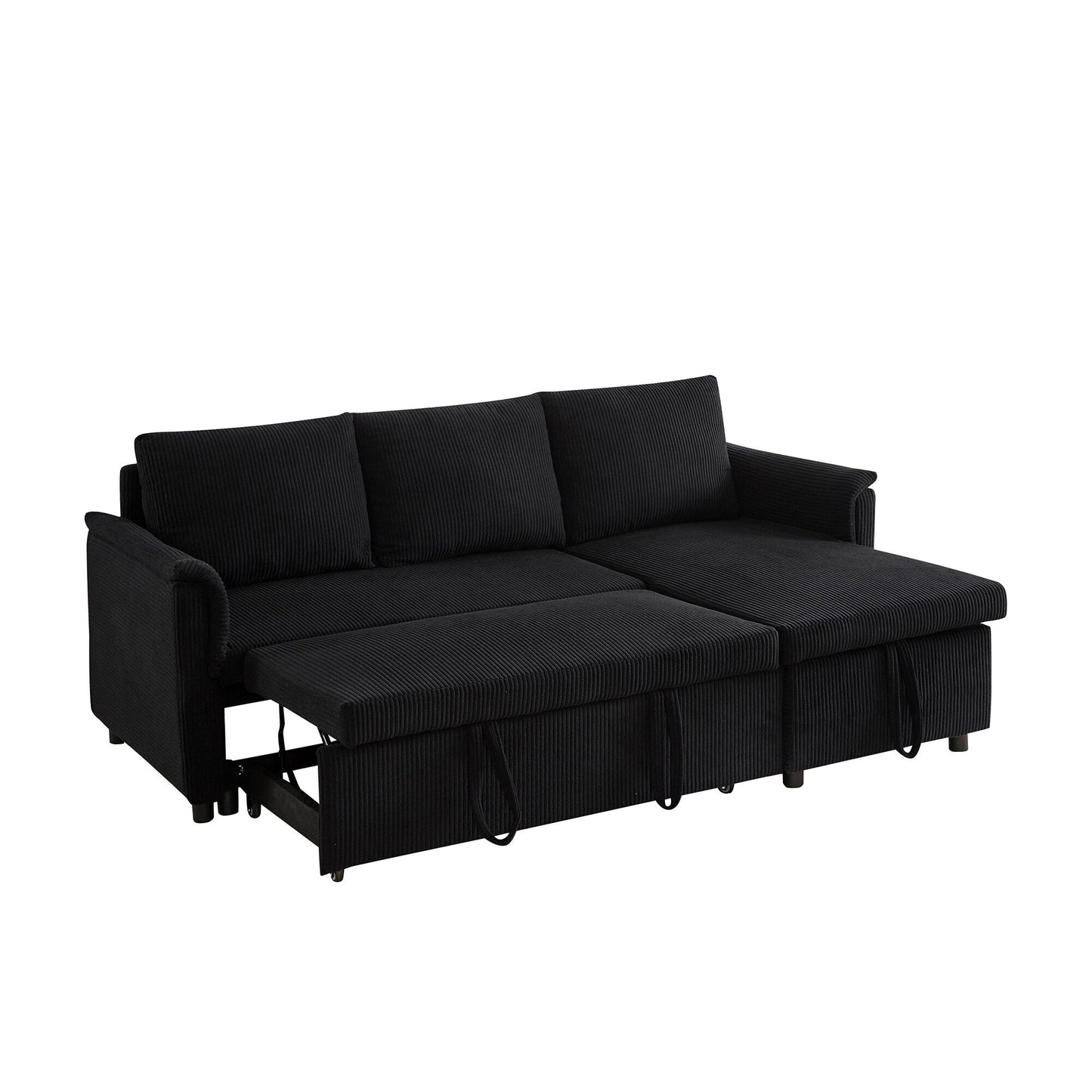 Convertible Corduroy Modular Loveseat Pull-Out Sleeper with Storage Chaise and Reclining Backrest for Living Room