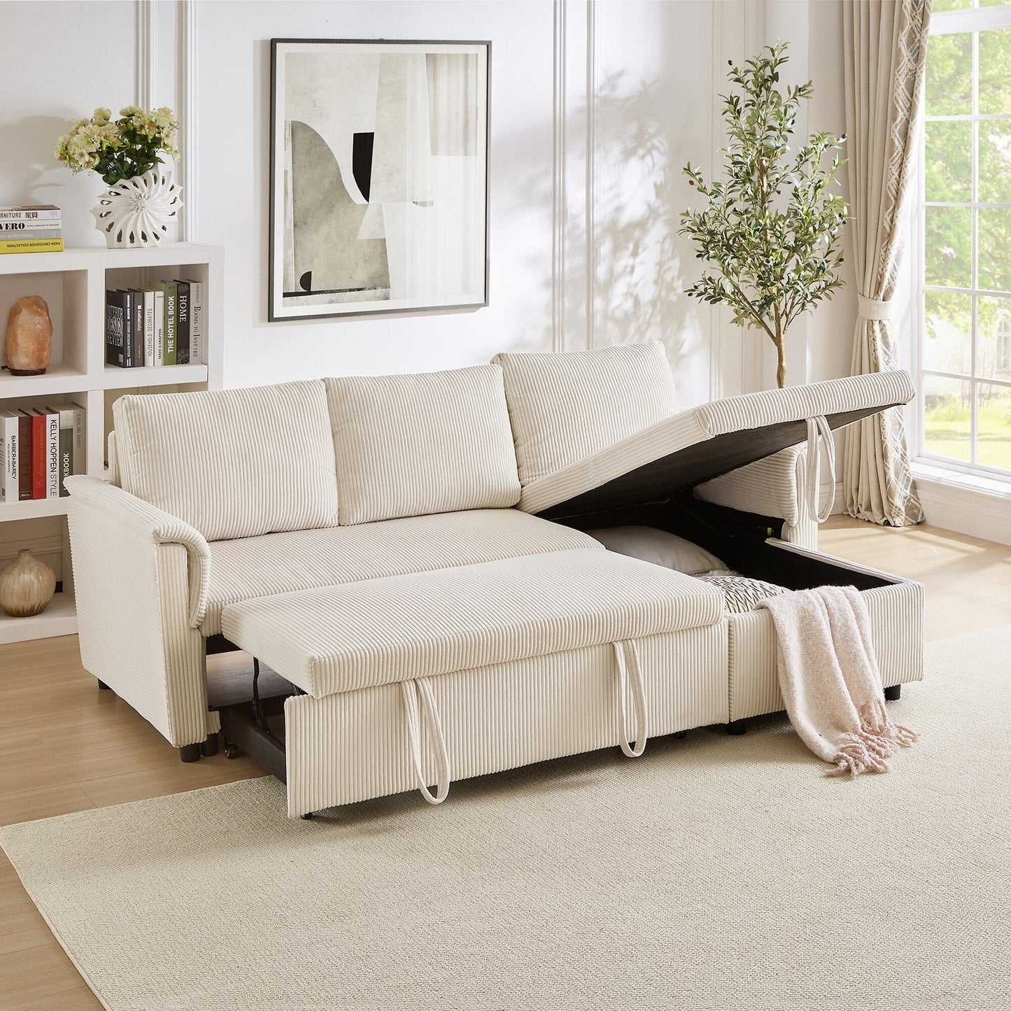 Convertible Corduroy Modular Loveseat Pull-Out Sleeper with Storage Chaise and Reclining Backrest for Living Room