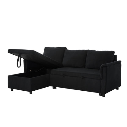 Convertible Corduroy Modular Loveseat Pull-Out Sleeper with Storage Chaise and Reclining Backrest for Living Room