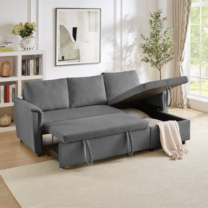 Convertible Corduroy Modular Loveseat Pull-Out Sleeper with Storage Chaise and Reclining Backrest for Living Room