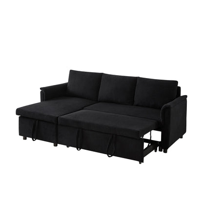 Convertible Corduroy Modular Loveseat Pull-Out Sleeper with Storage Chaise and Reclining Backrest for Living Room