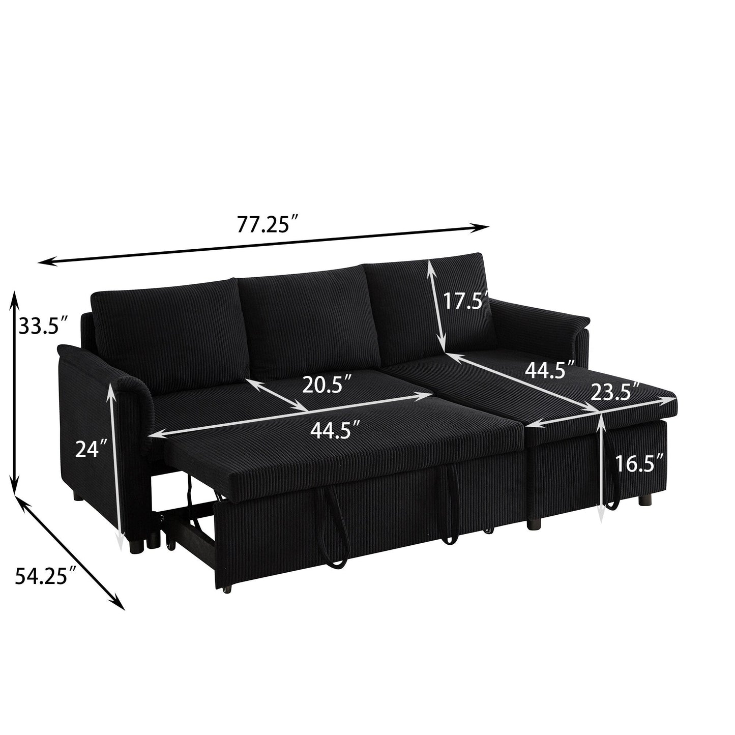 Convertible Corduroy Modular Loveseat Pull-Out Sleeper with Storage Chaise and Reclining Backrest for Living Room