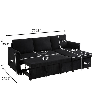 Convertible Corduroy Modular Loveseat Pull-Out Sleeper with Storage Chaise and Reclining Backrest for Living Room