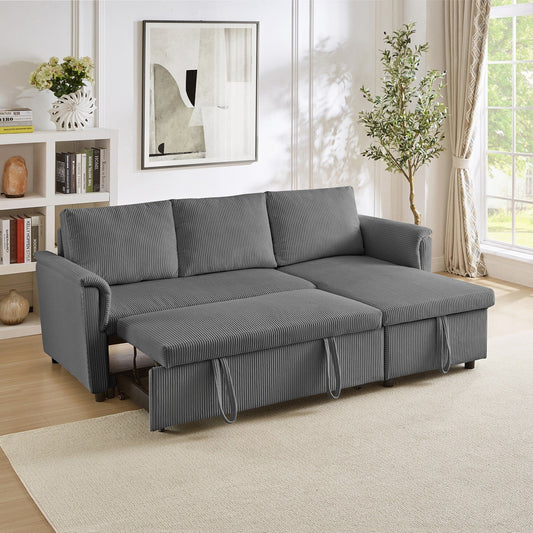 Convertible Corduroy Modular Loveseat Pull-Out Sleeper with Storage Chaise and Reclining Backrest for Living Room