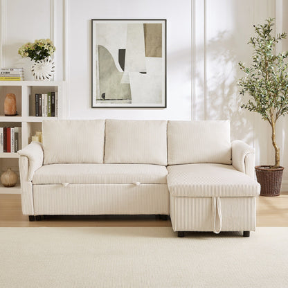 Convertible Corduroy Modular Loveseat Pull-Out Sleeper with Storage Chaise and Reclining Backrest for Living Room