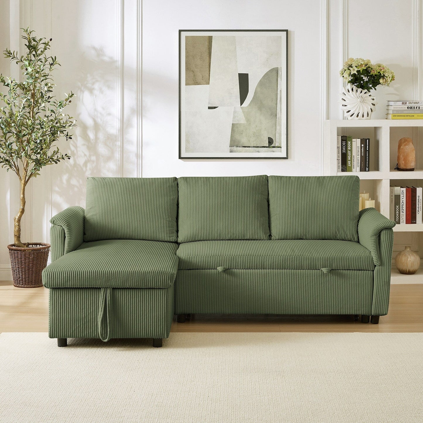 Convertible Corduroy Modular Loveseat Pull-Out Sleeper with Storage Chaise and Reclining Backrest for Living Room