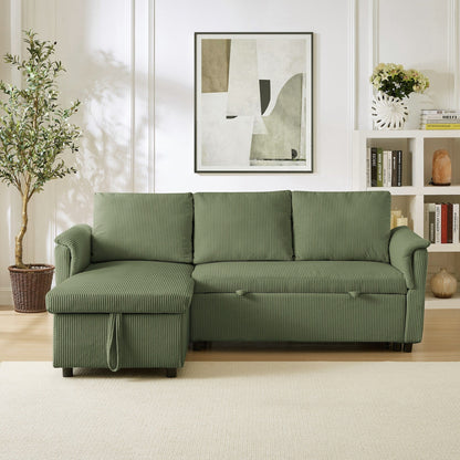 Convertible Corduroy Modular Loveseat Pull-Out Sleeper with Storage Chaise and Reclining Backrest for Living Room