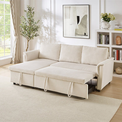 Convertible Corduroy Modular Loveseat Pull-Out Sleeper with Storage Chaise and Reclining Backrest for Living Room