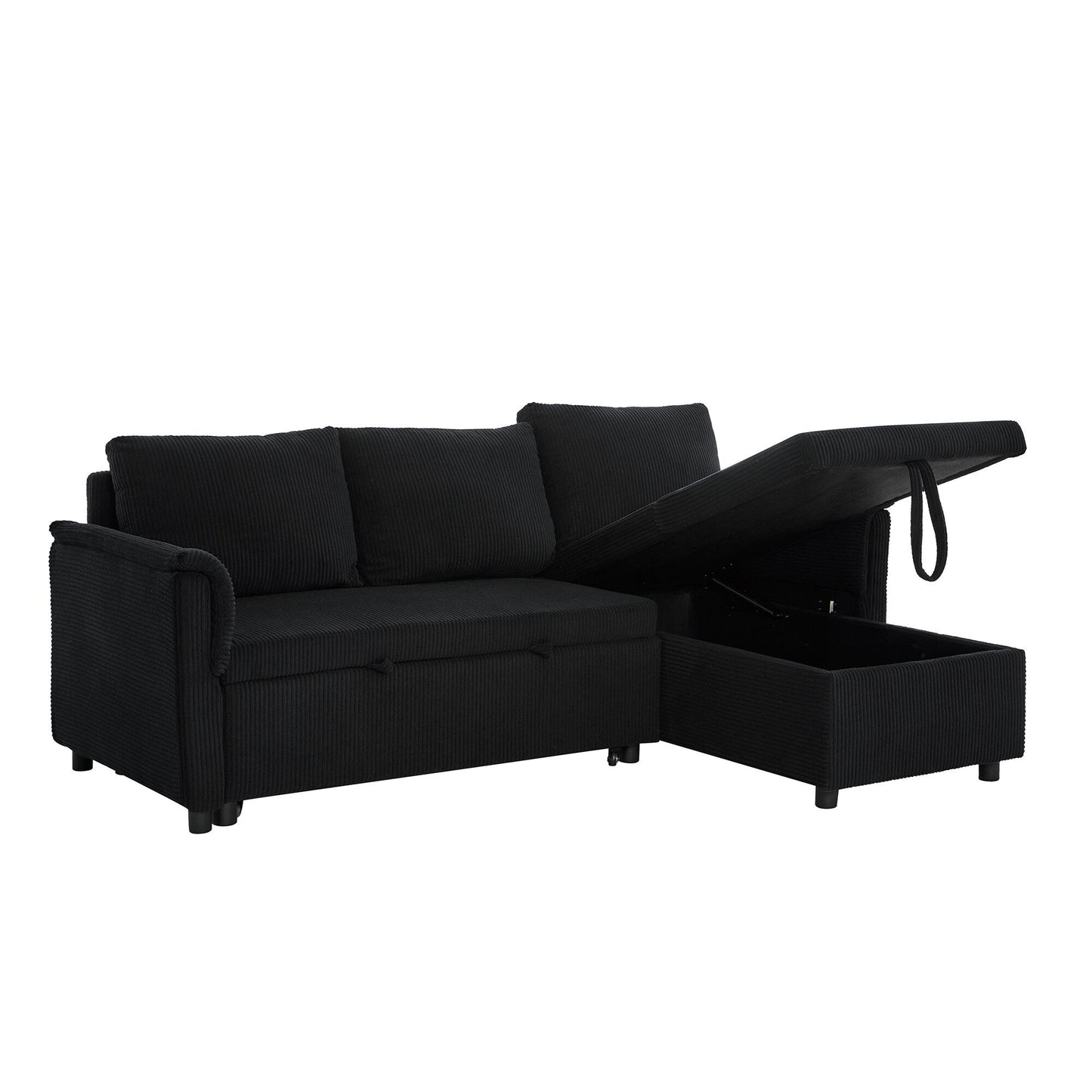 Convertible Corduroy Modular Loveseat Pull-Out Sleeper with Storage Chaise and Reclining Backrest for Living Room