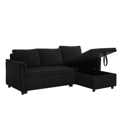 Convertible Corduroy Modular Loveseat Pull-Out Sleeper with Storage Chaise and Reclining Backrest for Living Room